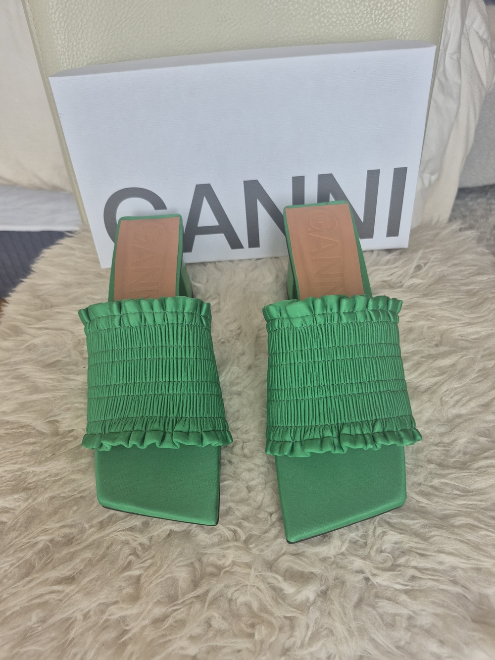 Ganni Bright Green Ruched Satin Square-Toe Slide Mules